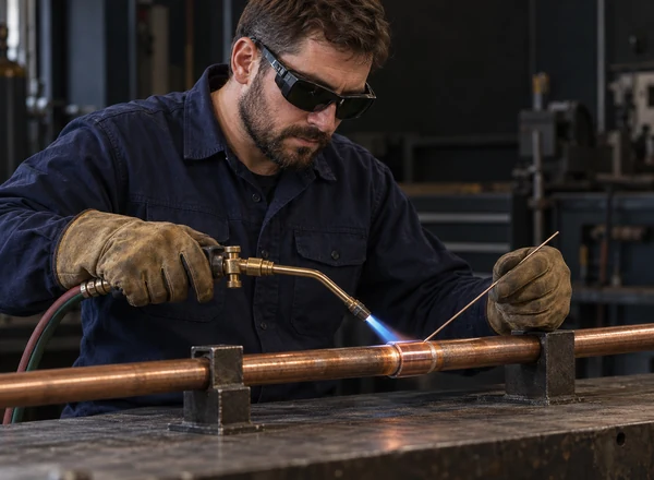 Profissional realizando brasagem em tubo de cobre com vareta de solda